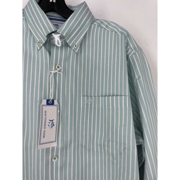 Southern Tide Trim Size Medium Green White Stripe Button Down Long Sleeve Shirt - Picture 2 of 8